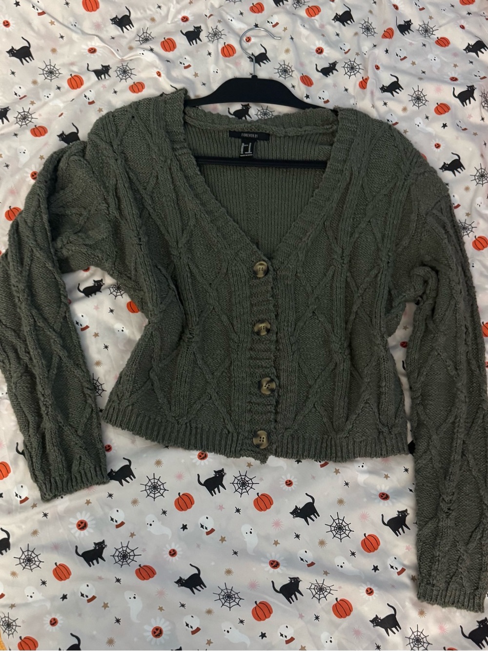 Olive Green Cable Knit V-Neck Button Cardigan - Forever 21 Size M